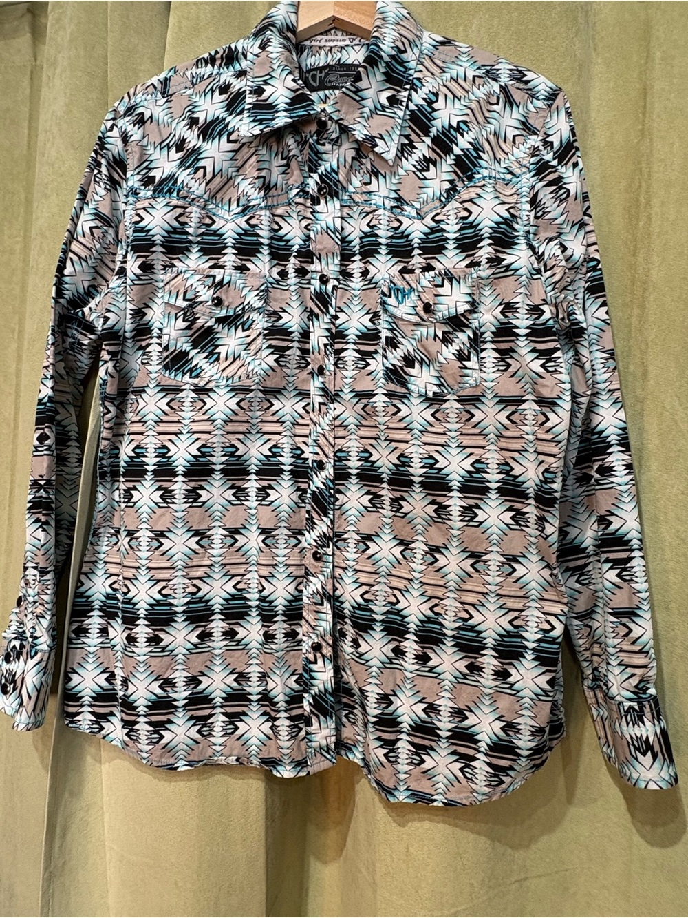 Button-Down Tribal Print Shirt in Black, White & Pink